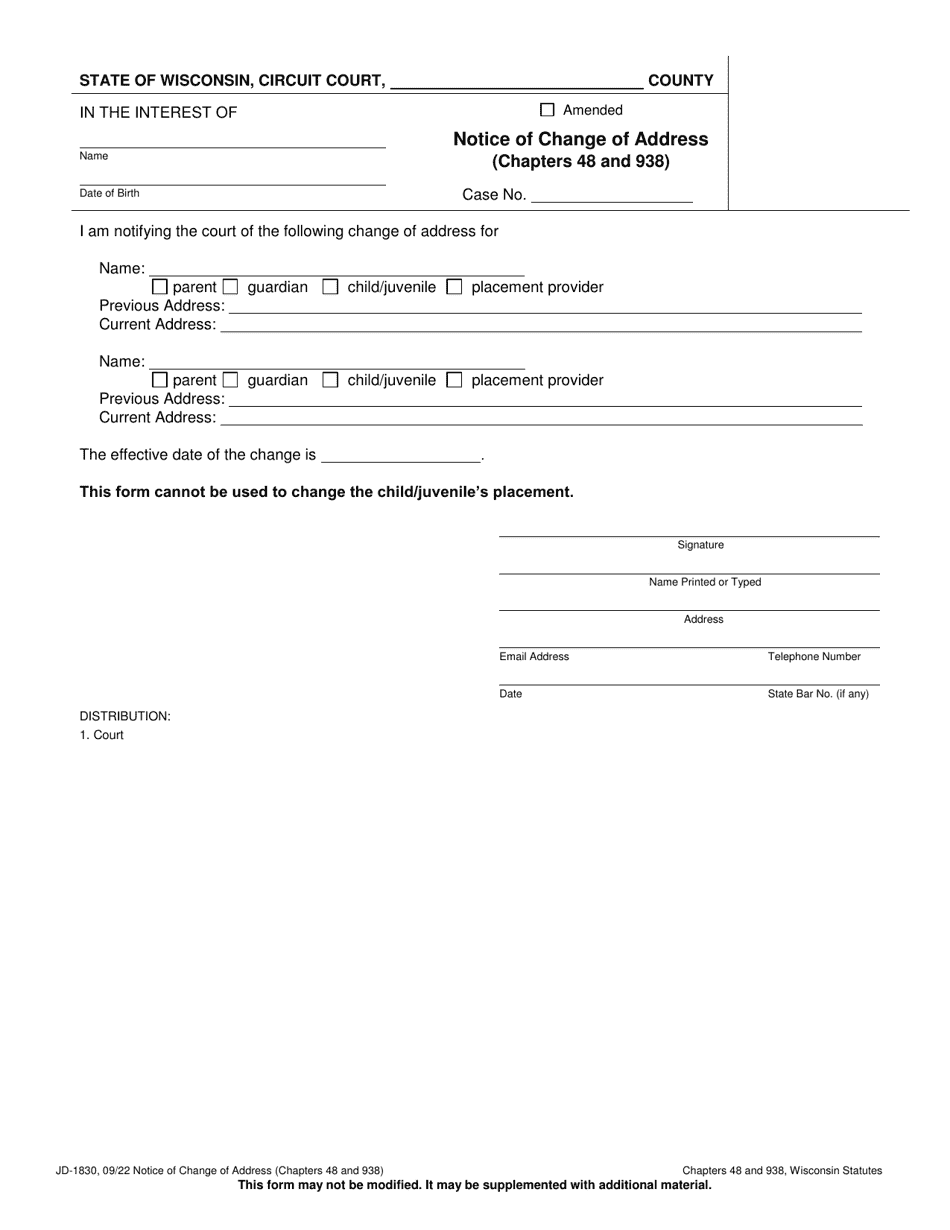 Form JD-1830 Notice of Change of Address (Chapters 48 and 938) - Wisconsin, Page 1