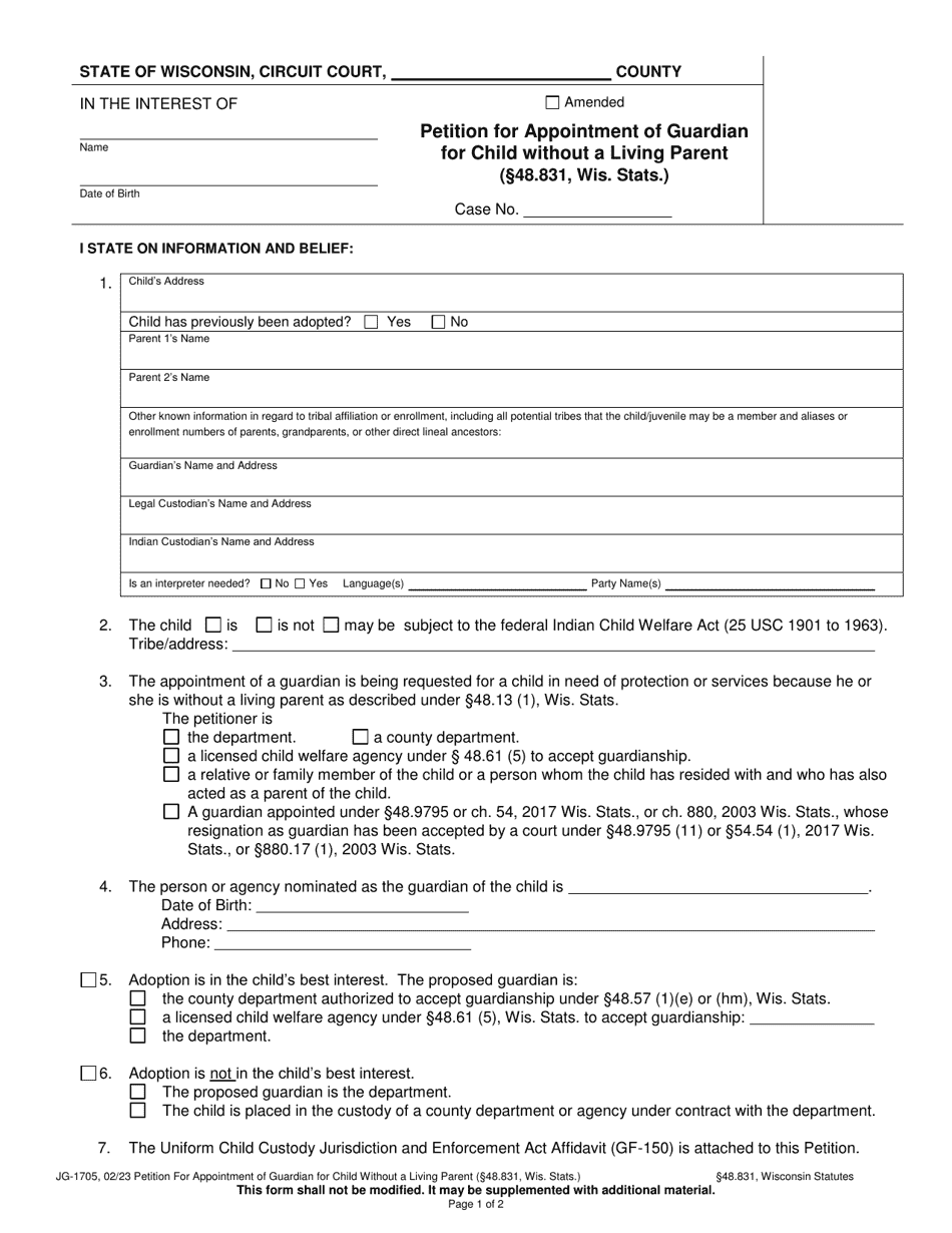 Form JG-1705 Petition for Appointment of Guardian for Child Without a Living Parent (48.831, Wis. Stats.) - Wisconsin, Page 1