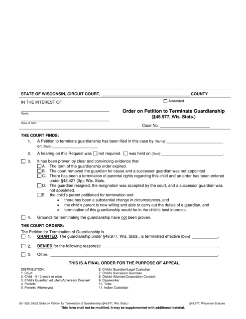 Form JG-1629 Order on Petition for Termination of Guardianship (48.977, Wis. Stats.) - Wisconsin