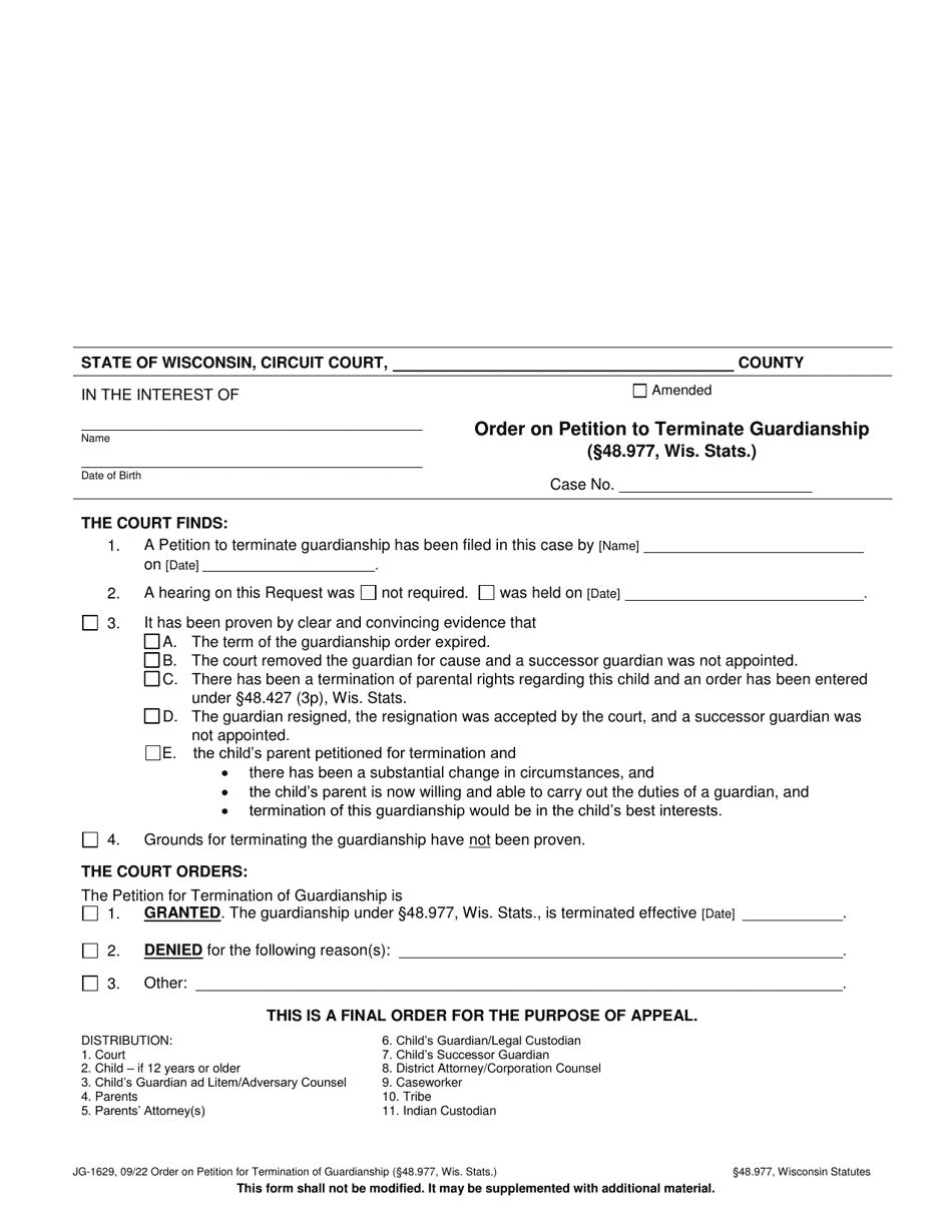 Form JG-1629 Order on Petition for Termination of Guardianship (48.977, Wis. Stats.) - Wisconsin, Page 1