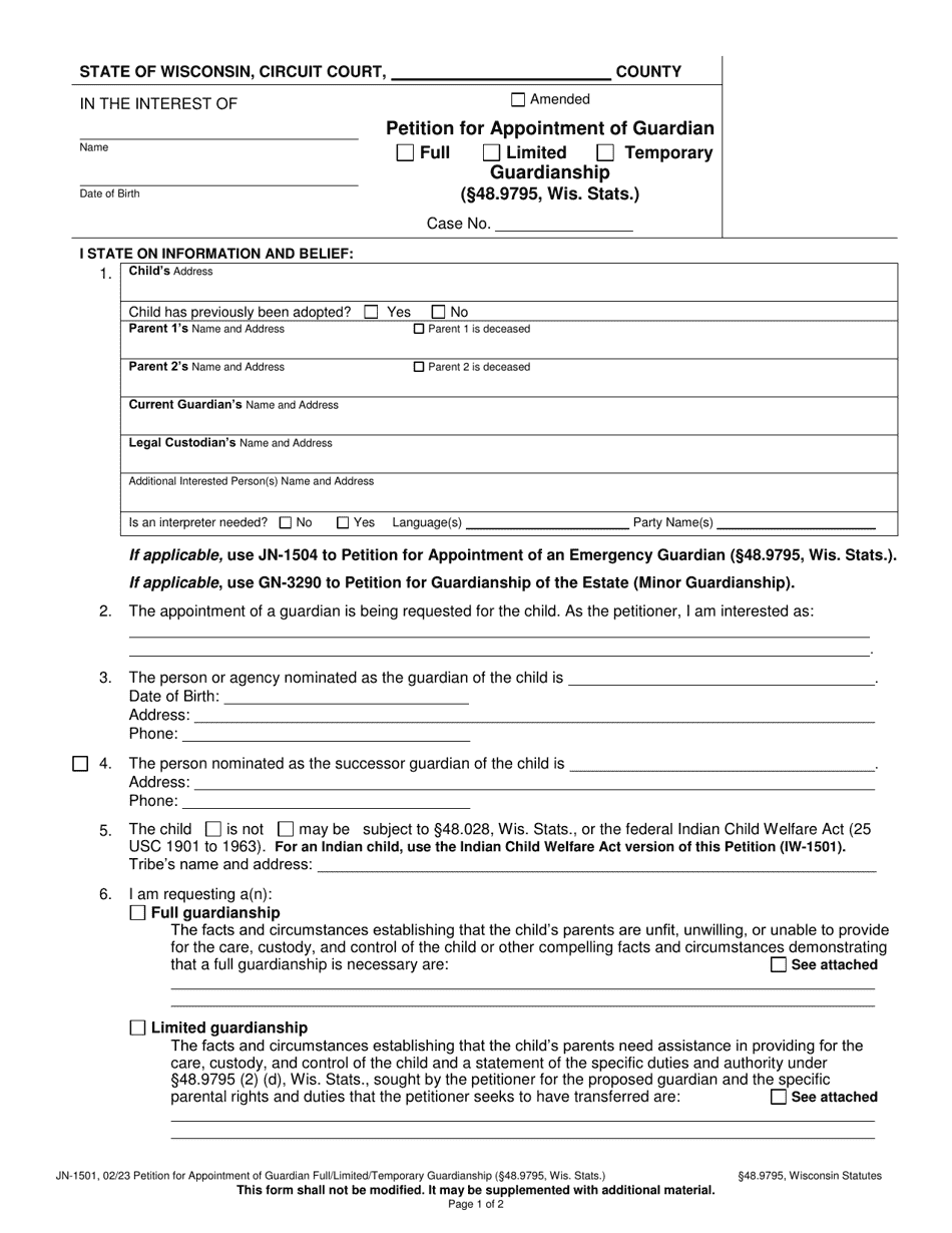 Form JN-1501 Petition for Appointment of Guardian - Full / Limited / Temporary Guardianship (48.9795 Wis. Stats.) - Wisconsin, Page 1
