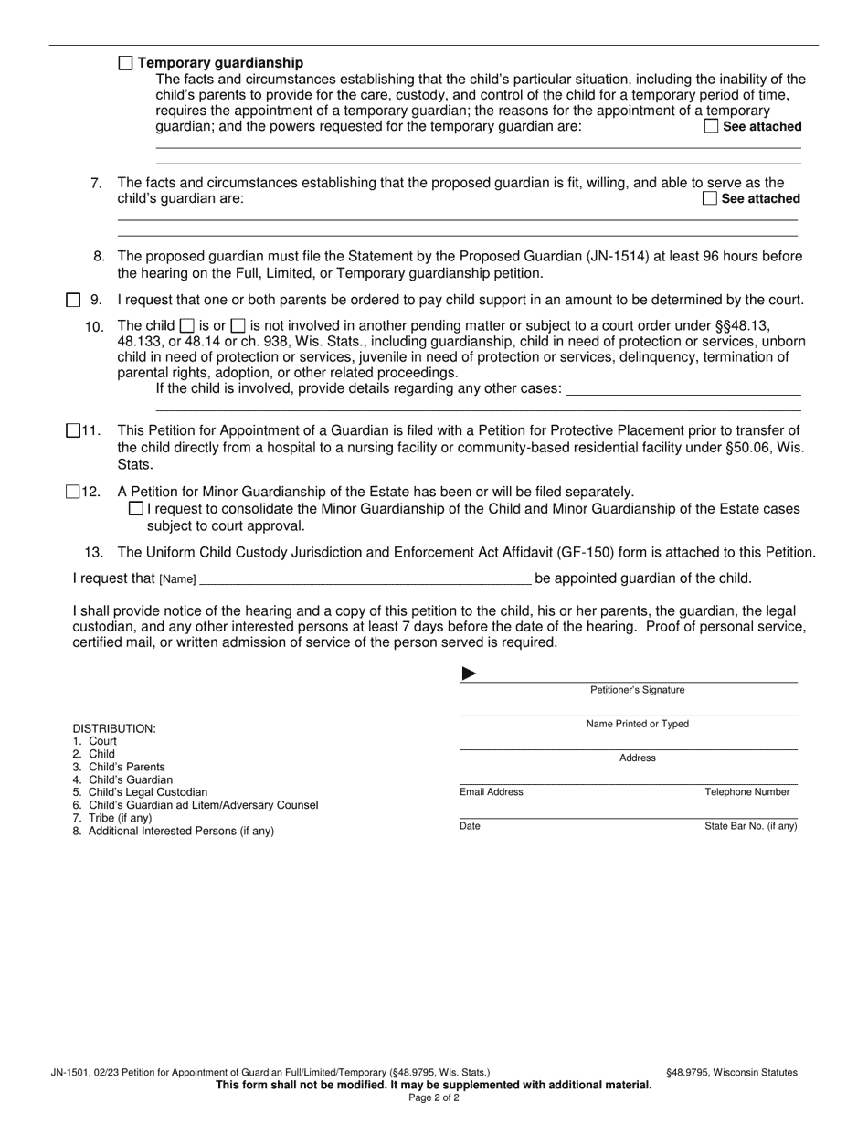 Form JN-1501 Petition for Appointment of Guardian - Full / Limited / Temporary Guardianship (48.9795 Wis. Stats.) - Wisconsin, Page 2