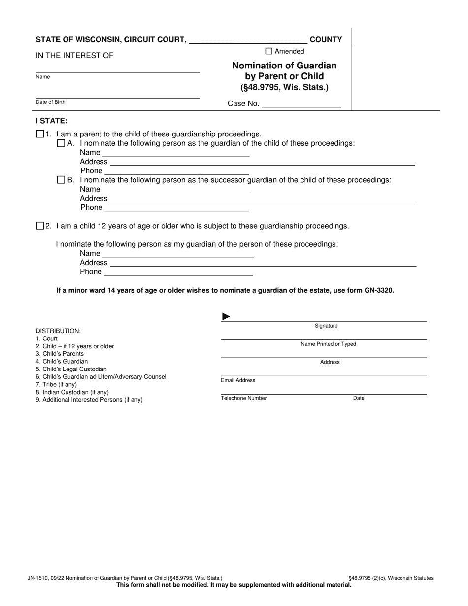 Form JN-1510 Nomination of Guardian by Parent or Child (48.9795, Wis. Stats.) - Wisconsin, Page 1