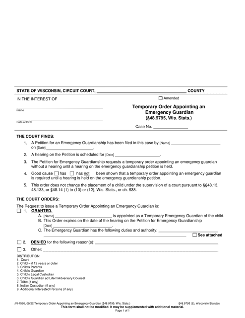 Form JN-1520 Temporary Order Appointing an Emergency Guardian (48.9795, Wis. Stats.) - Wisconsin