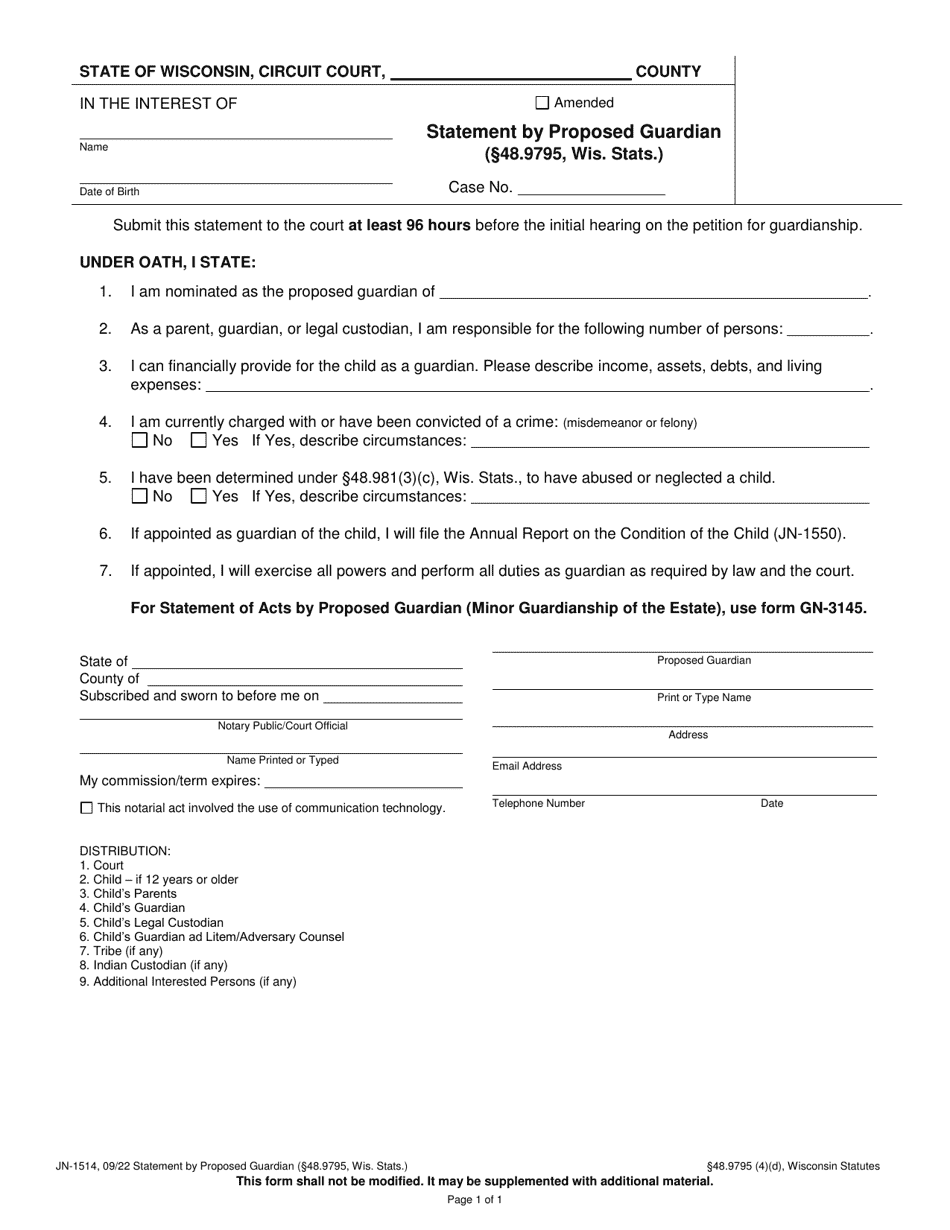 Form JN-1514 Statement by Proposed Guardian (48.9795, Wis. Stats.) - Wisconsin, Page 1