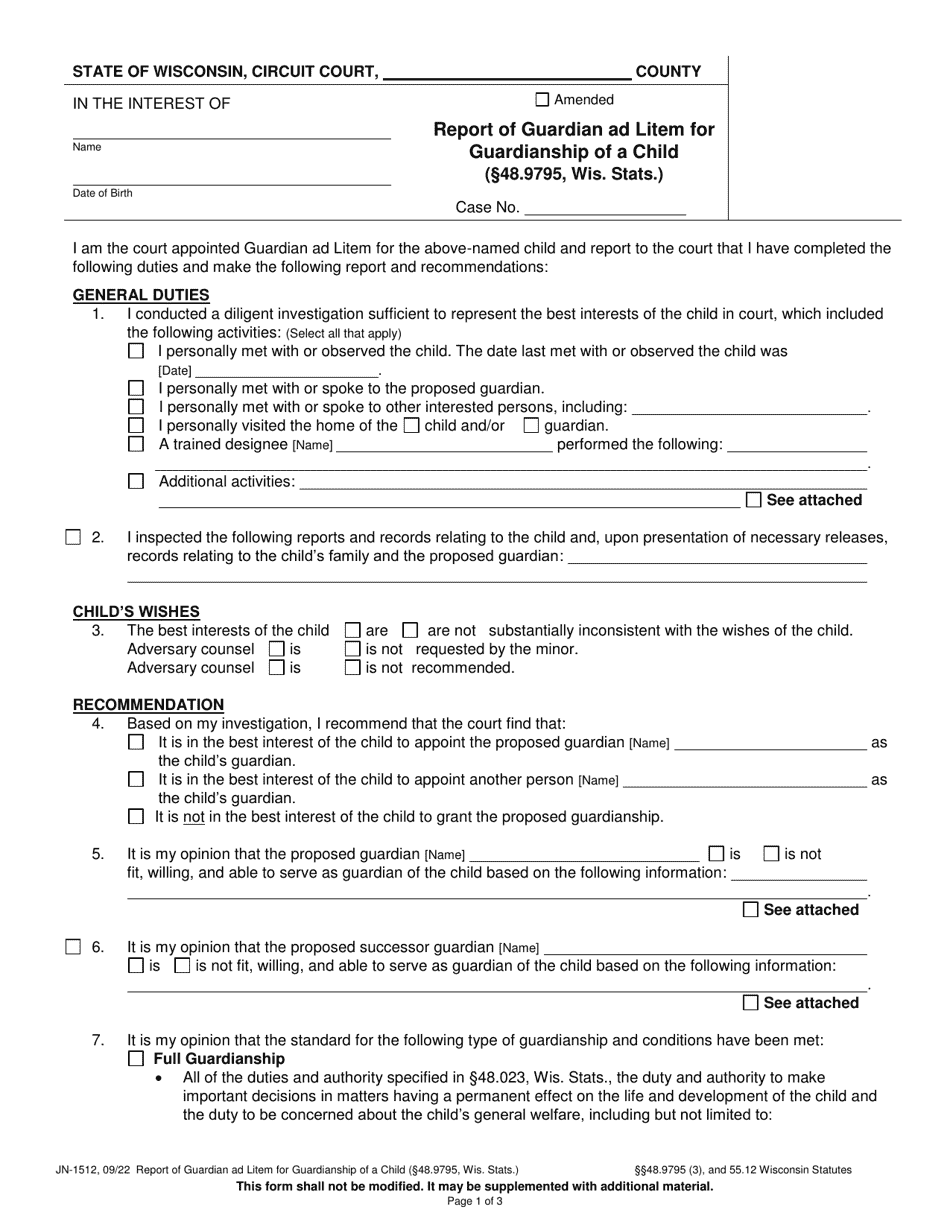 Form JN-1512 Report of Guardian Ad Litem for Guardianship of a Child (48.9795, Wis. Stats.) - Wisconsin, Page 1