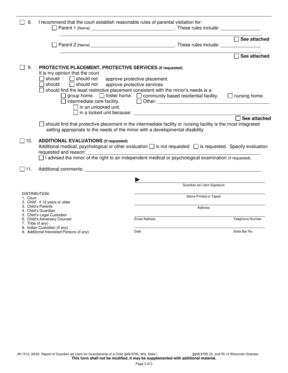 Form JN-1512 Report of Guardian Ad Litem for Guardianship of a Child (48.9795, Wis. Stats.) - Wisconsin, Page 3