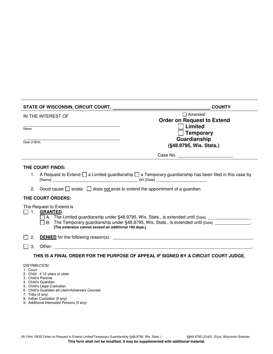 Form JN-1544 Order on Request to Extend Limited / Temporary Guardianship (48.9795, Wis. Stats.) - Wisconsin, Page 1