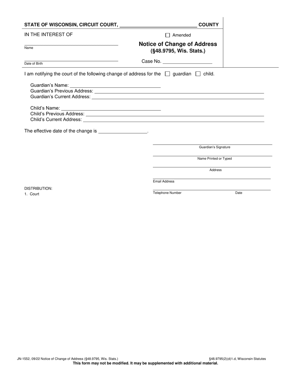 Form JN-1552 Notice of Change of Address (48.9795, Wis. Stats.) - Wisconsin, Page 1