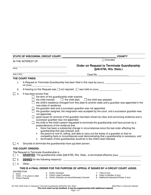 Form JN-1548 Order on Request to Terminate Guardianship (48.9795, Wis. Stats.) - Wisconsin