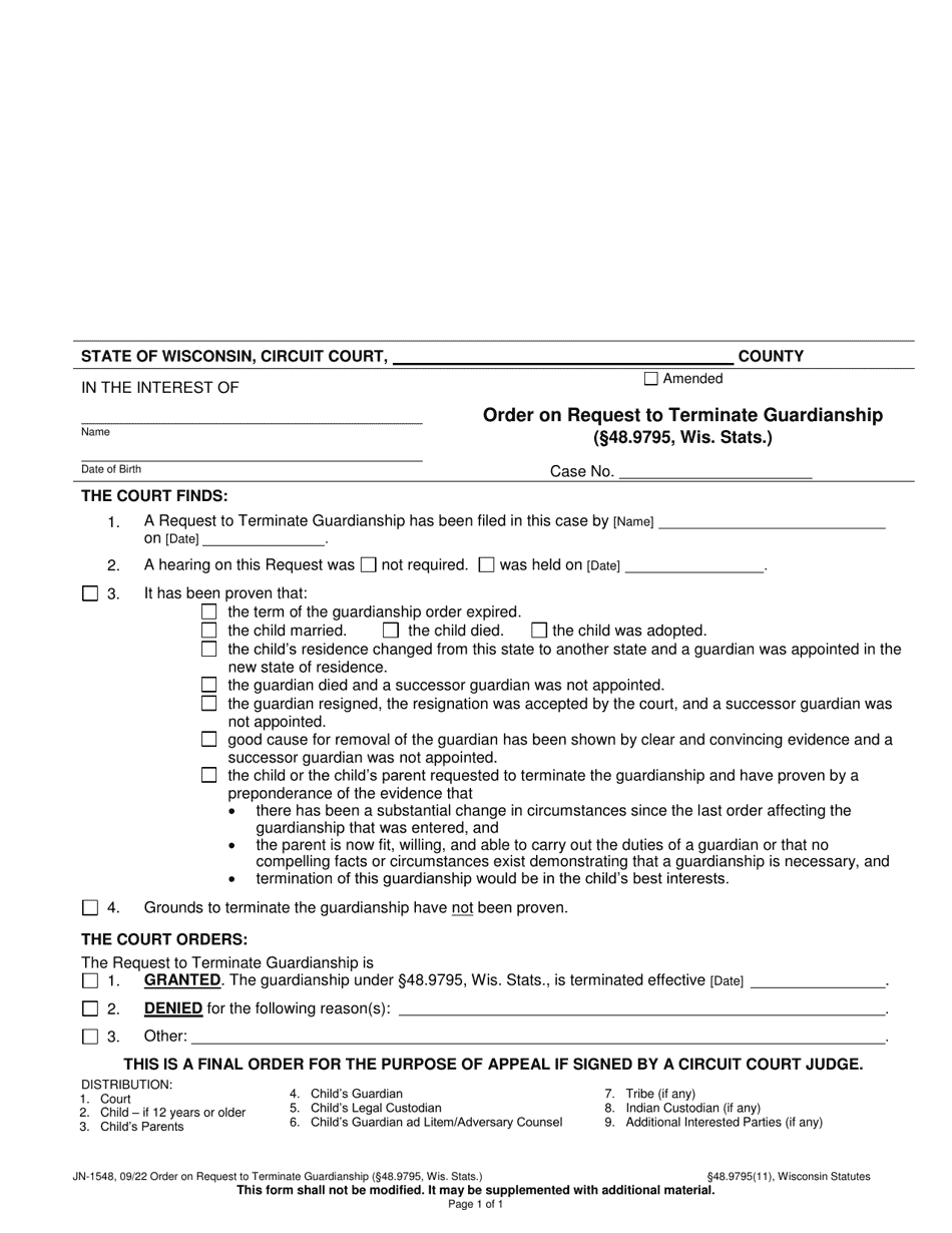 Form JN-1548 Order on Request to Terminate Guardianship (48.9795, Wis. Stats.) - Wisconsin, Page 1