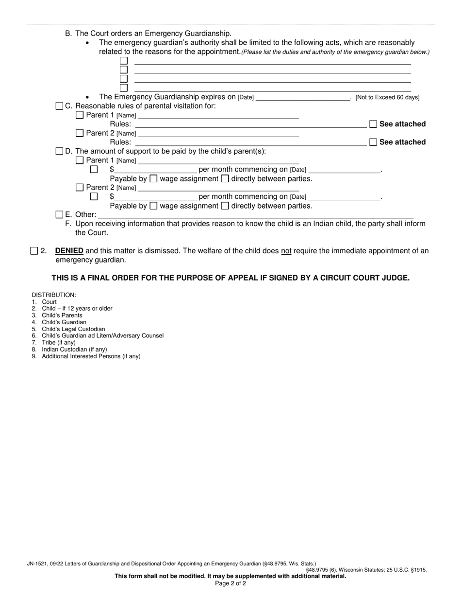 Form JN-1521 Letters of Guardianship and Dispositional Order Appointing an Emergency Guardian (48.9795, Wis. Stats.) - Wisconsin, Page 2