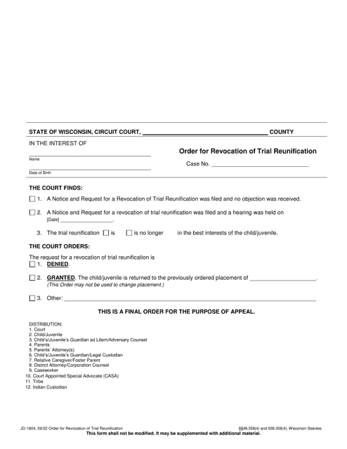 Form JD-1804 Order for Revocation of Trial Reunification - Wisconsin