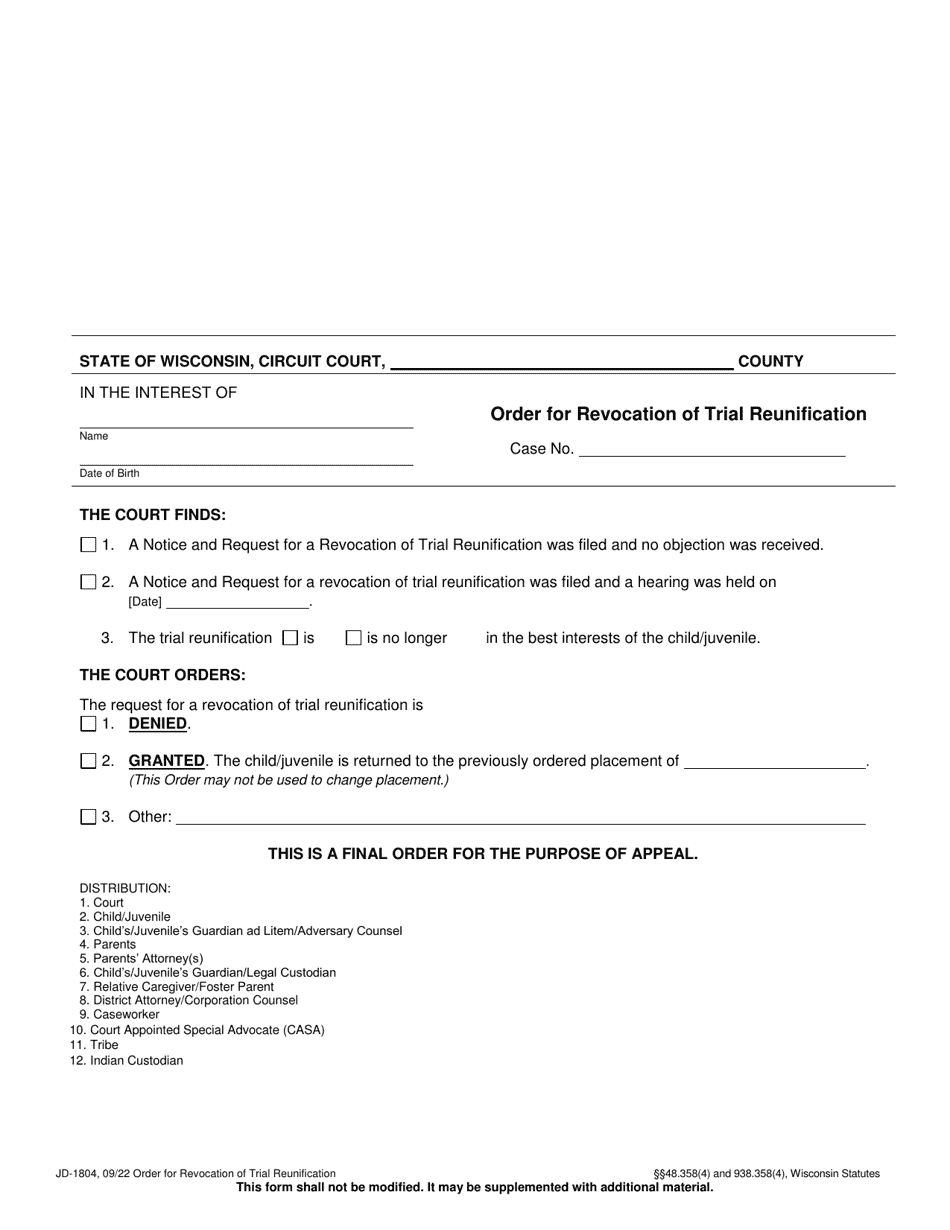 Form JD-1804 Order for Revocation of Trial Reunification - Wisconsin, Page 1