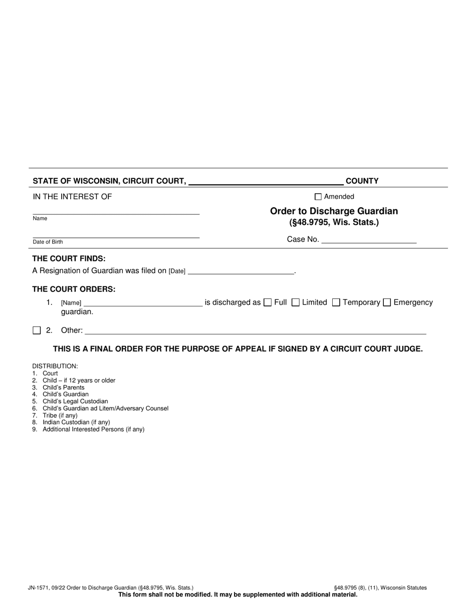 Form JN-1571 Order to Discharge Guardian (48.9795, Wis. Stats.) - Wisconsin, Page 1