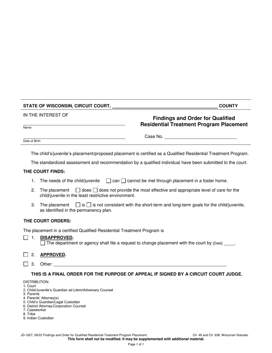 Form JD-1827 Findings and Order for Qualified Residential Treatment Program Placement - Wisconsin, Page 1