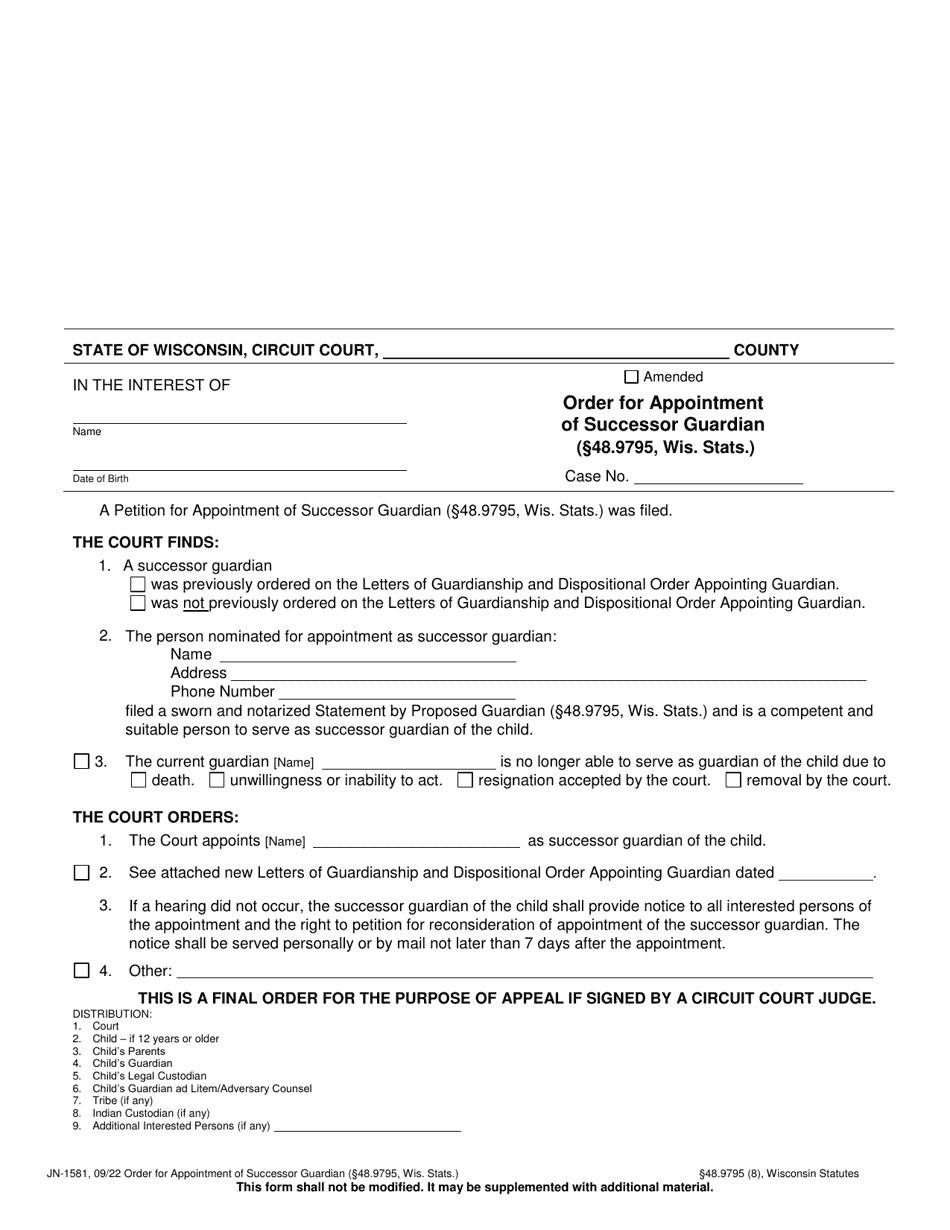 Form JN-1581 Order for Appointment of Successor Guardian (48.9795, Wis. Stats.) - Wisconsin, Page 1