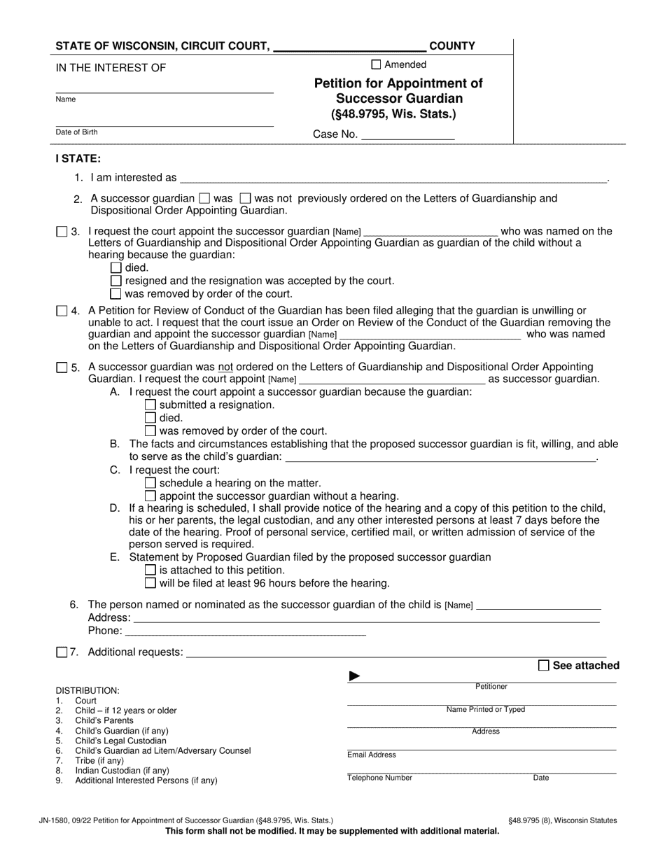 Form JN-1580 Petition for Appointment of Successor Guardian (48.9795, Wis. Stats.) - Wisconsin, Page 1