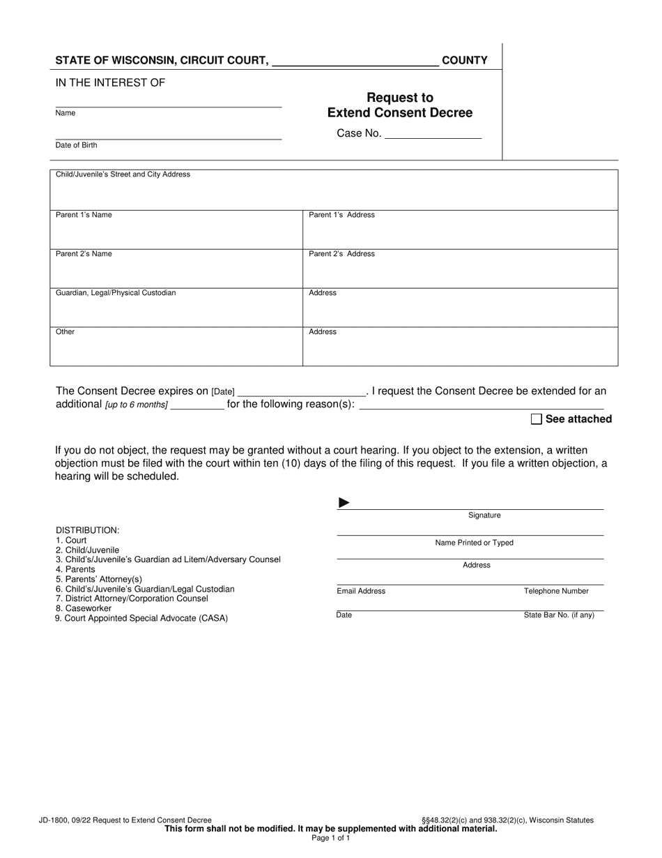 Form JD-1800 Request to Extend Consent Decree - Wisconsin, Page 1