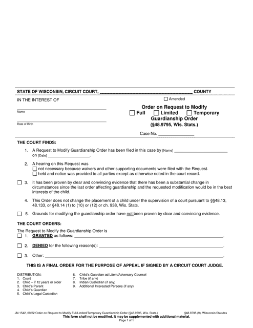 Form JN-1542 Order on Request to Modify Full/Limited/Temporary Guardianship Order (48.9795, Wis. Stats.) - Wisconsin