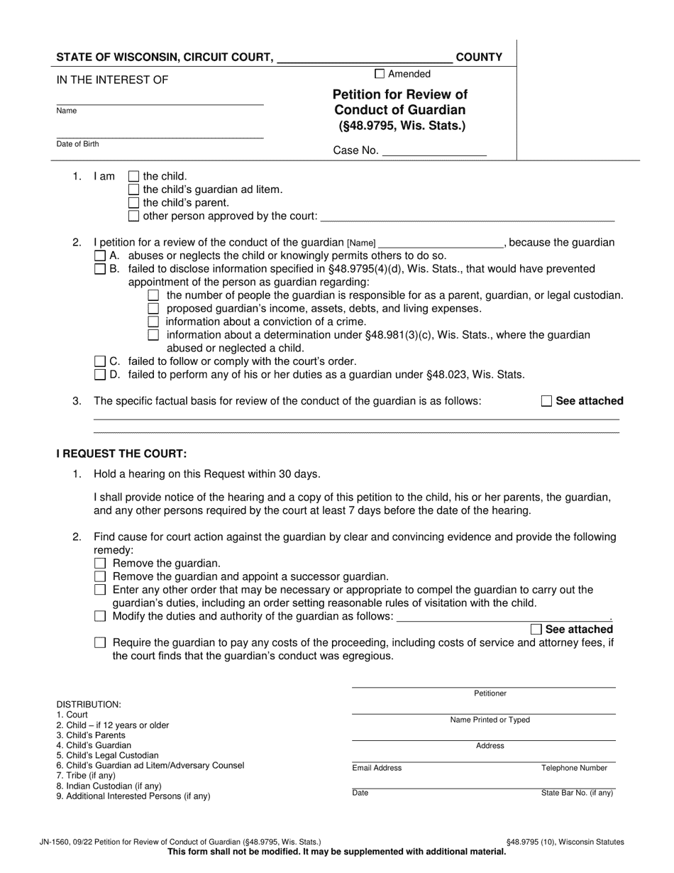 Form JN-1560 Petition for Review of Conduct of Guardian (48.9795, Wis. Stats.) - Wisconsin, Page 1