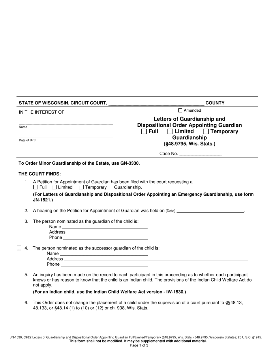 Form JN-1530 Letters of Guardianship and Dispositional Order Appointing Guardian Full / Limited / Temporary Guardianship - Wisconsin, Page 1
