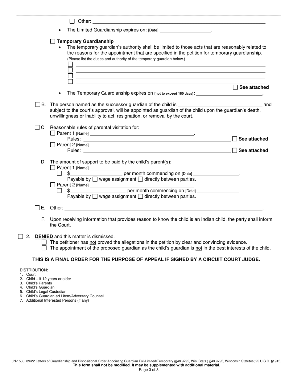 Form JN-1530 Letters of Guardianship and Dispositional Order Appointing Guardian Full / Limited / Temporary Guardianship - Wisconsin, Page 3