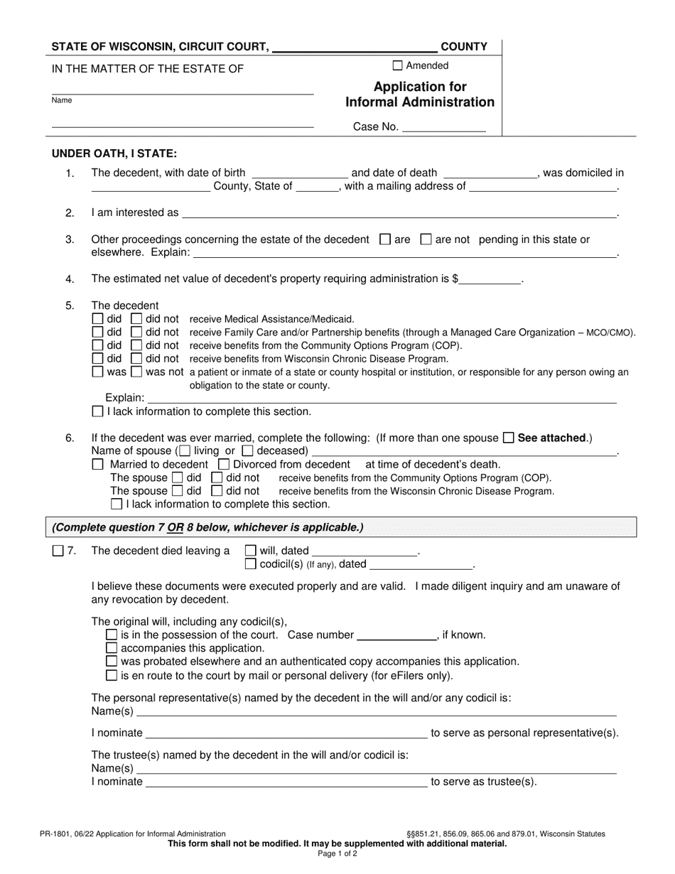 Form PR-1801 Application for Informal Administration - Wisconsin, Page 1