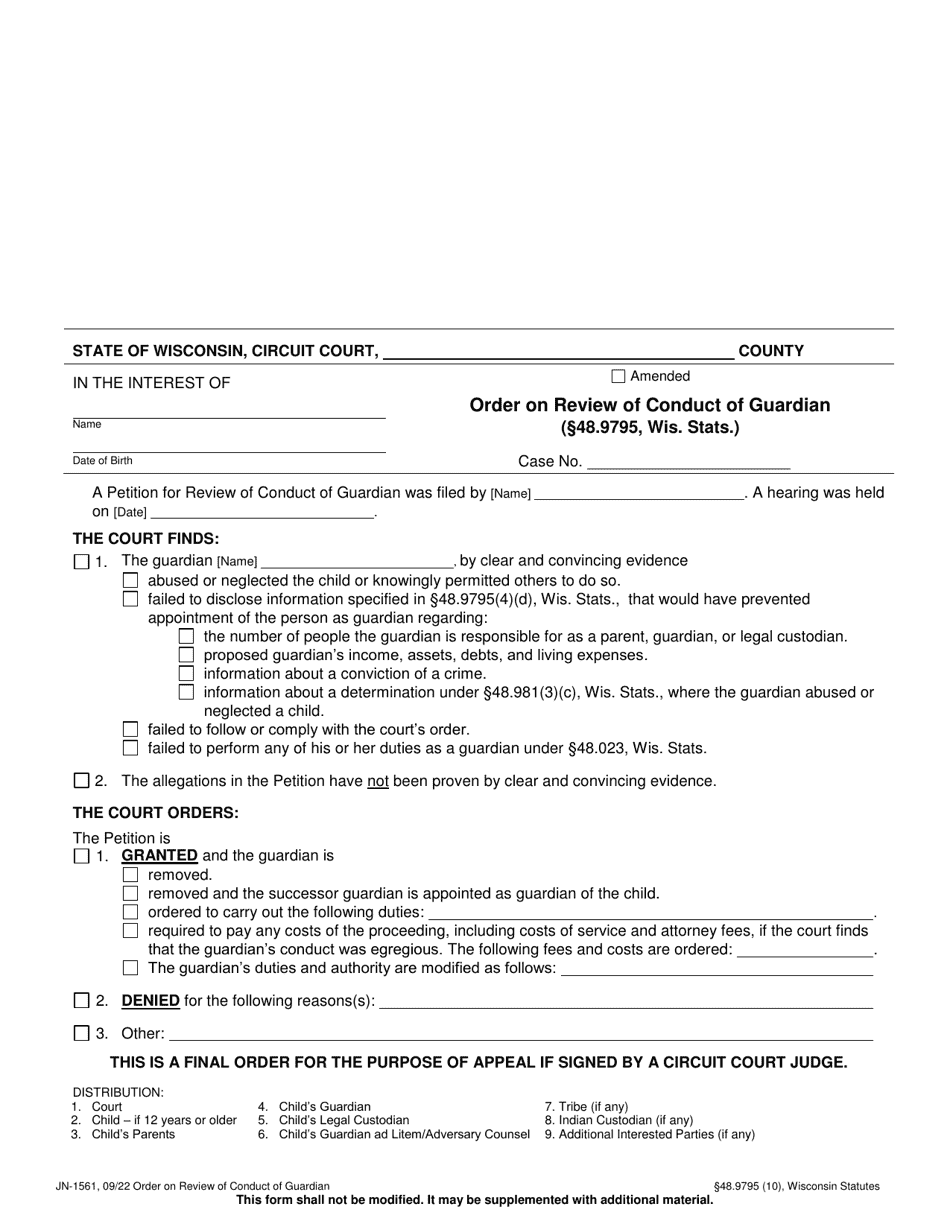 Form JN-1561 Order on Review of Conduct of Guardian (48.9795, Wis. Stats.) - Wisconsin, Page 1