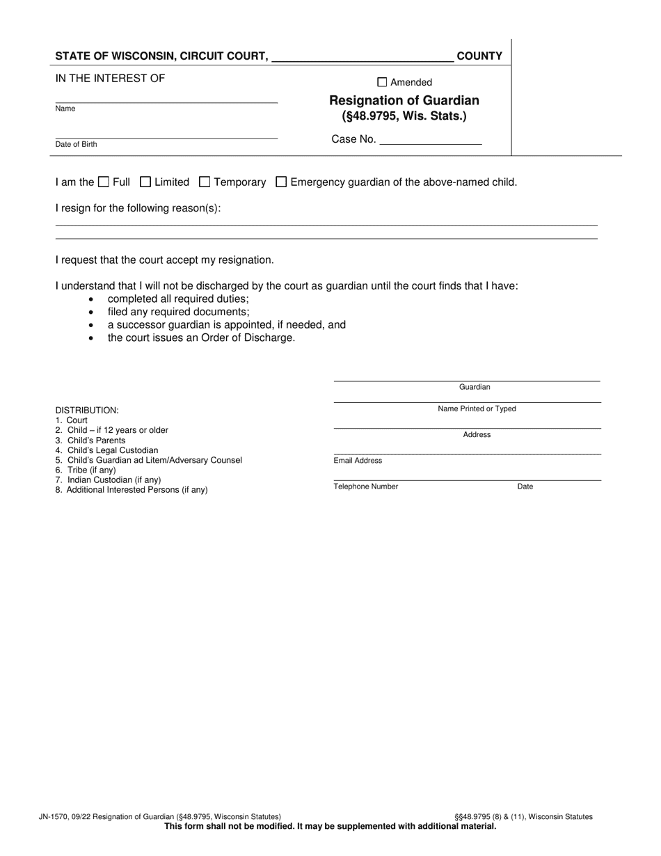 Form JN-1570 Resignation of Guardian (48.9795, Wis. Stats.) - Wisconsin, Page 1
