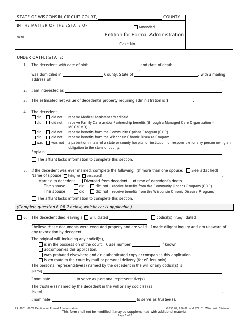 Form PR-1901 Petition for Formal Administration - Wisconsin