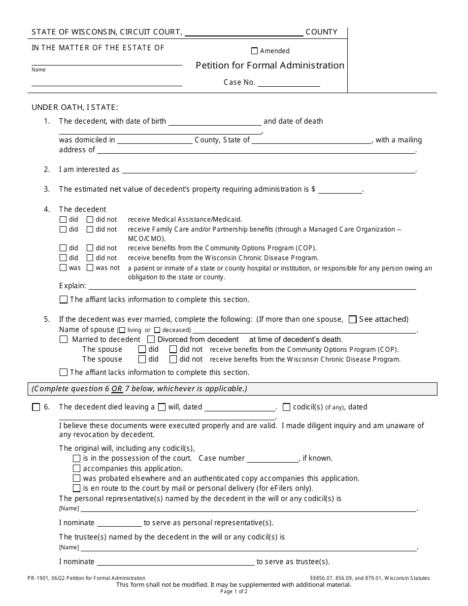 Form PR-1901 Petition for Formal Administration - Wisconsin, Page 1