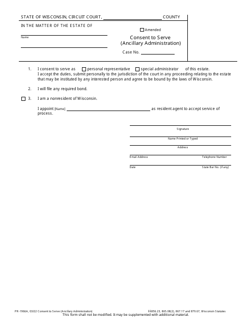 Form PR-1966A Consent to Serve (Ancillary Administration) - Wisconsin
