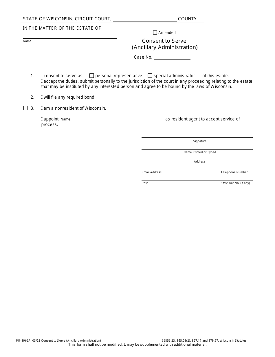 Form PR-1966A Consent to Serve (Ancillary Administration) - Wisconsin, Page 1