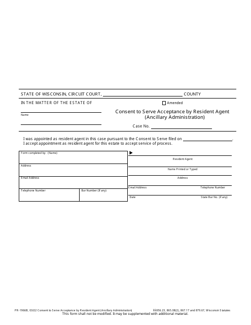 Form PR-1966B Consent to Serve Acceptance by Resident Agent (Ancillary Administration) - Wisconsin