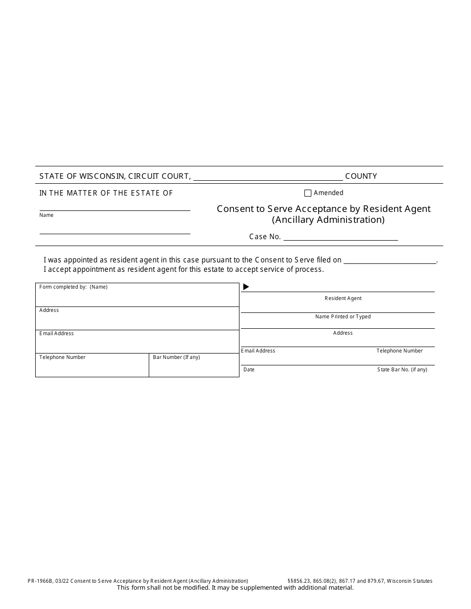 Form PR-1966B Consent to Serve Acceptance by Resident Agent (Ancillary Administration) - Wisconsin, Page 1