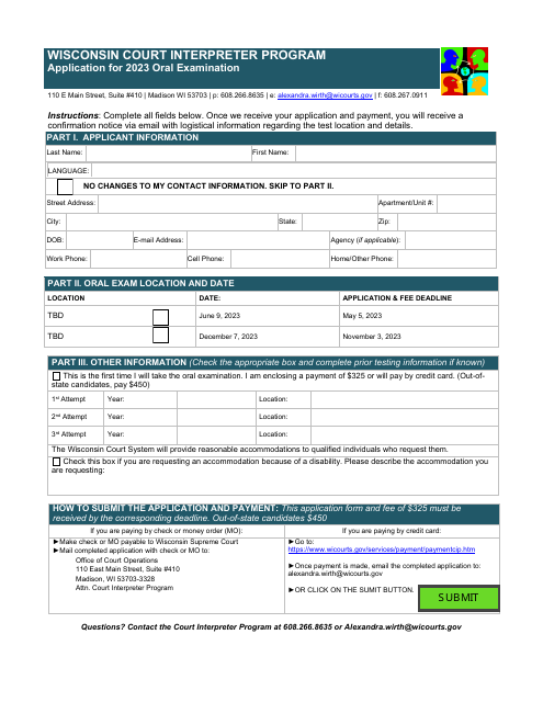 Application for Oral Examination - Court Interpreter Program - Wisconsin Download Pdf