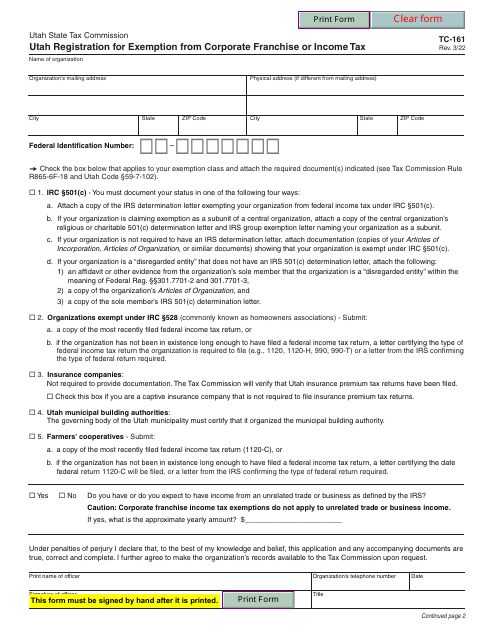 Form TC-161 Utah Registration for Exemption From Corporate Franchise or Income Tax - Utah