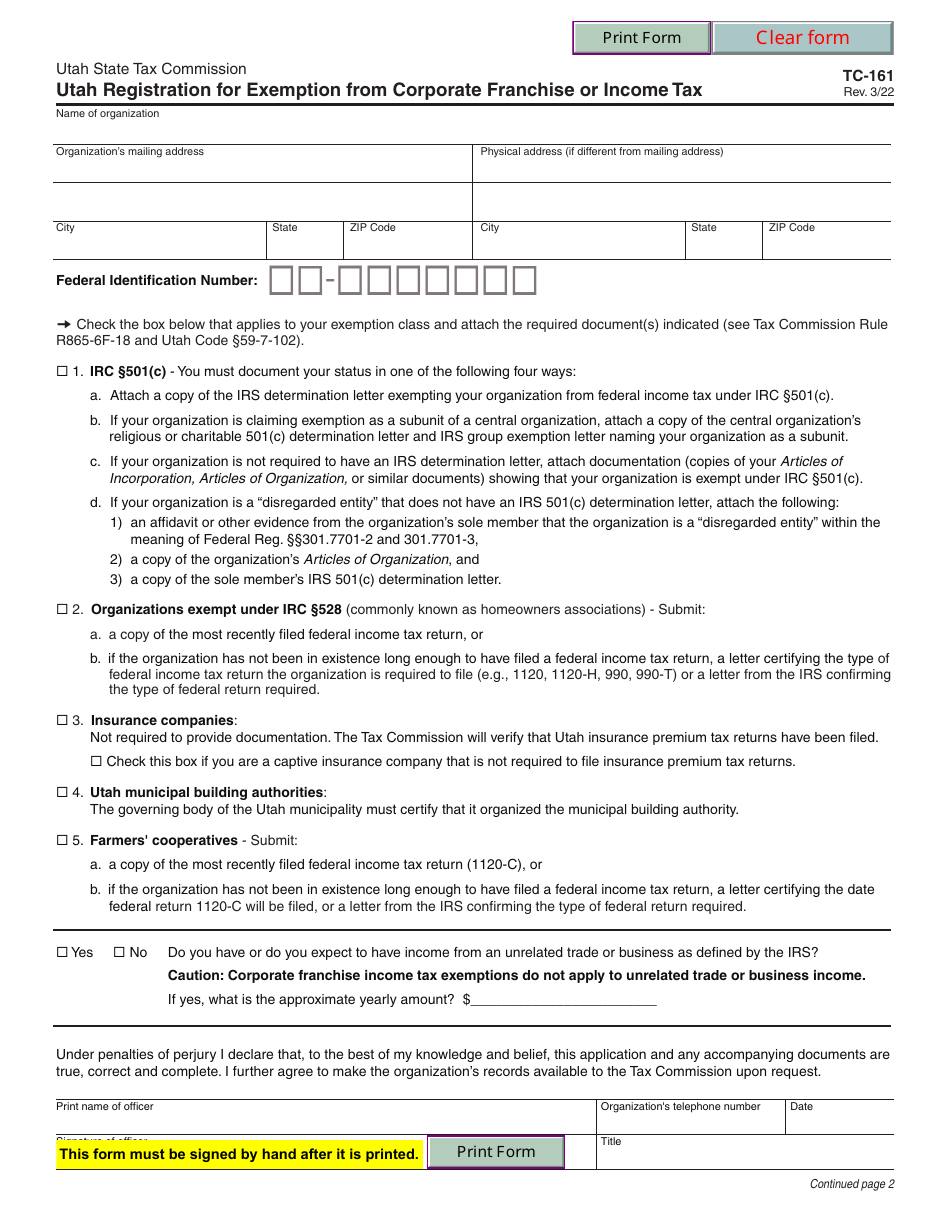 Form TC-161 Utah Registration for Exemption From Corporate Franchise or Income Tax - Utah, Page 1