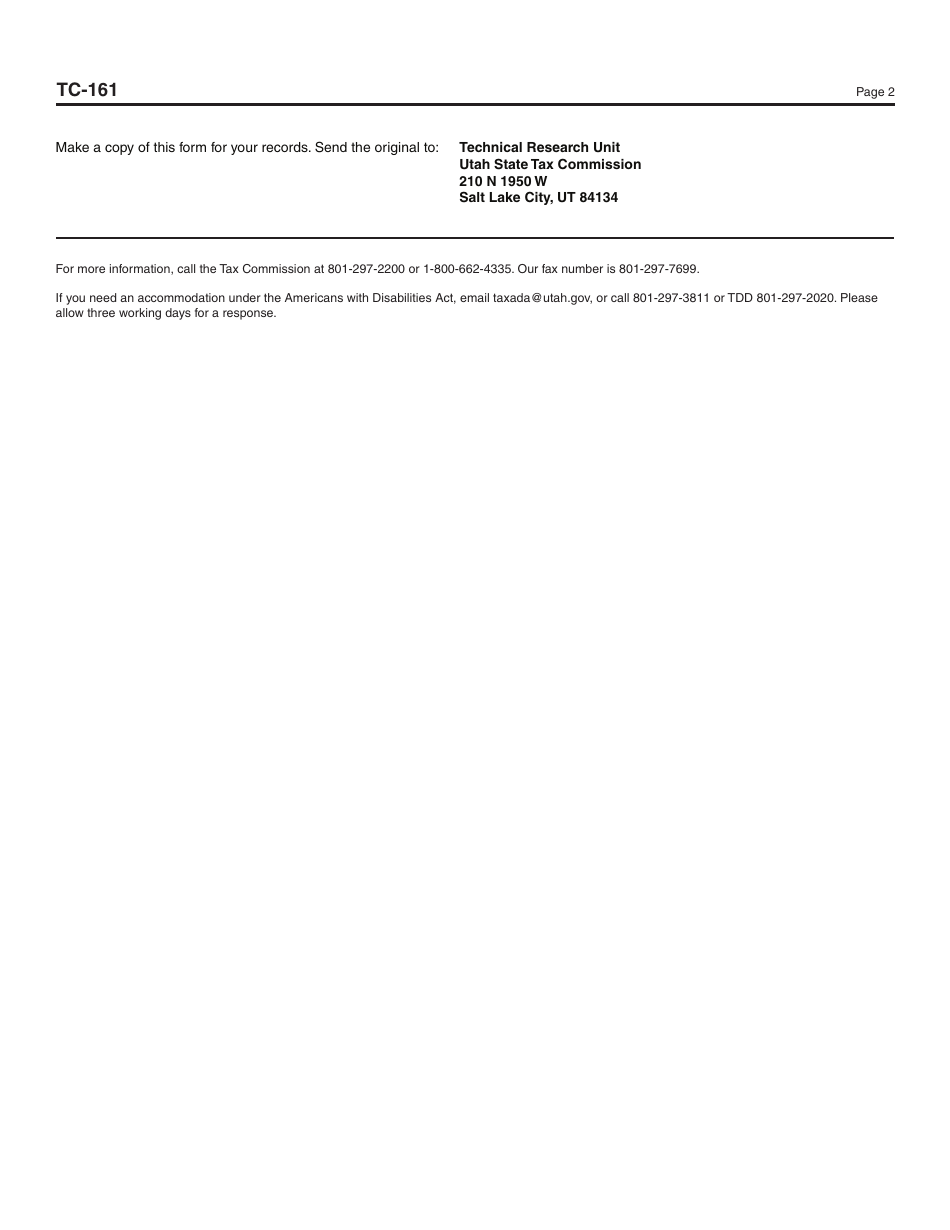 Form TC-161 Utah Registration for Exemption From Corporate Franchise or Income Tax - Utah, Page 2