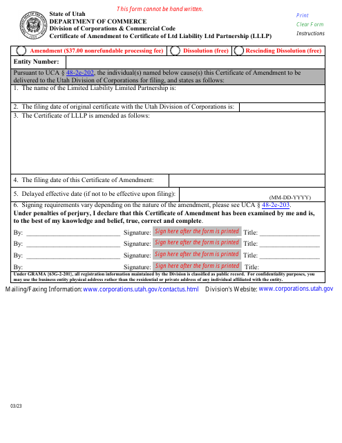 Certificate of Amendment to Certificate of Ltd Liability Ltd Partnership (Lllp) - Utah Download Pdf