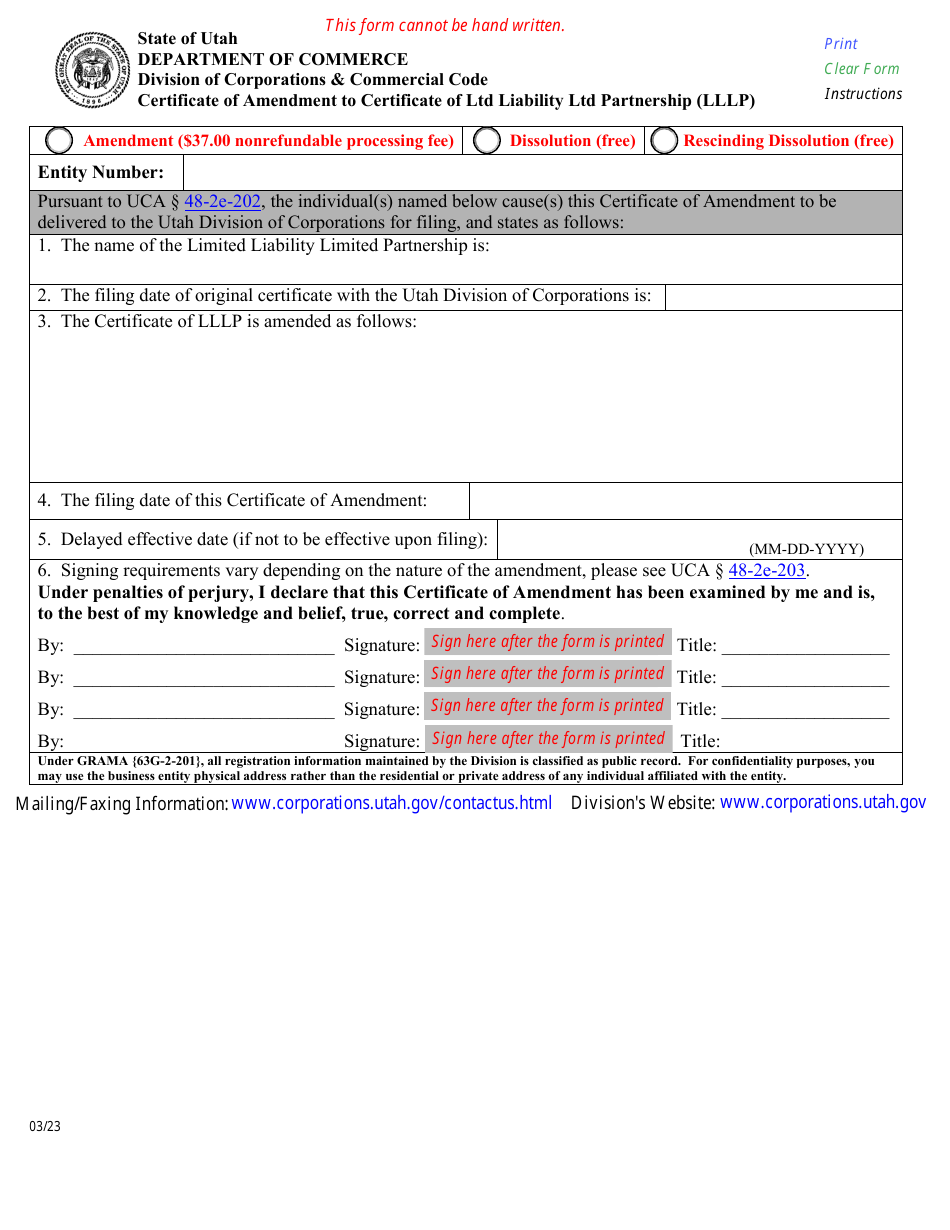 Utah Certificate of Amendment to Certificate of Ltd Liability Ltd