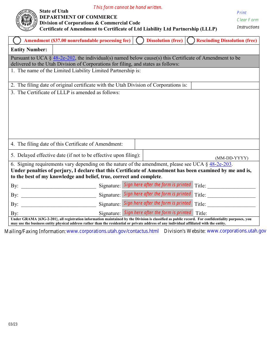 Certificate of Amendment to Certificate of Ltd Liability Ltd Partnership (Lllp) - Utah, Page 1