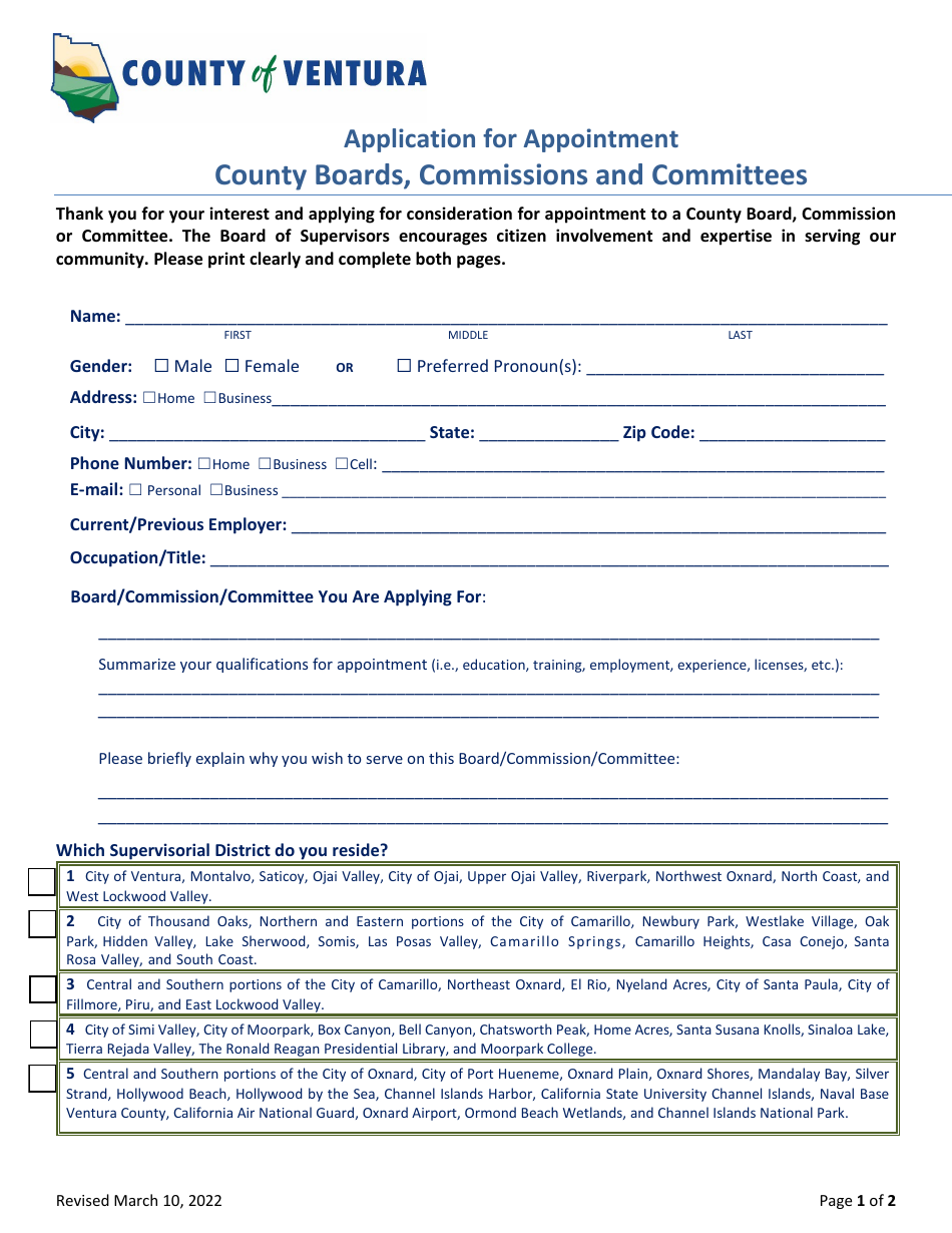 Application for Appointment - County of Ventura, California, Page 1