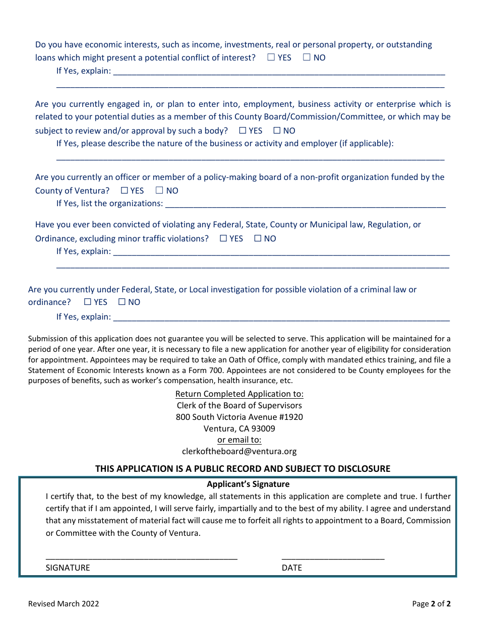 Application for Appointment - County of Ventura, California, Page 2