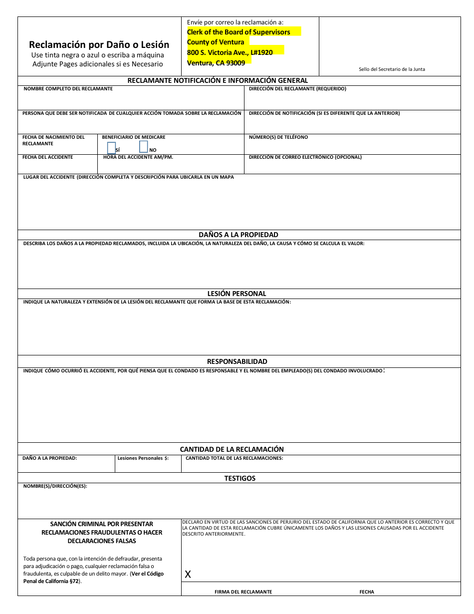 Formulario RM-91 Reclamacion Por Dano O Lesion - County of Ventura, California (Spanish), Page 3
