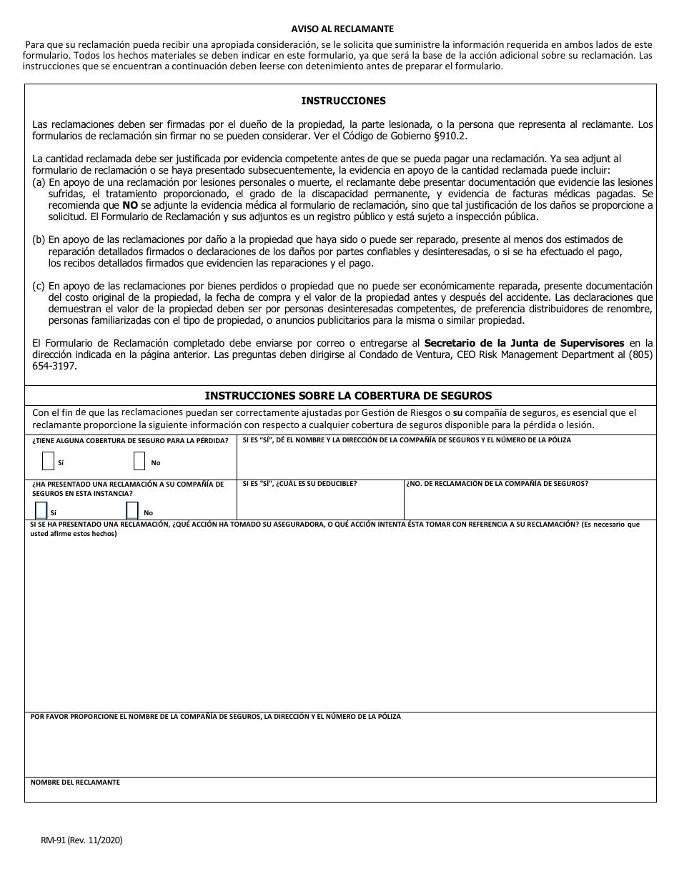 Formulario RM-91 Reclamacion Por Dano O Lesion - County of Ventura, California (Spanish), Page 4