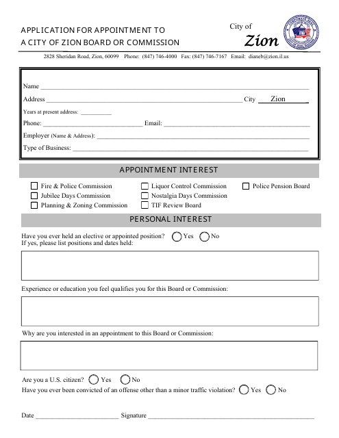 Application for Appointment to a City of Zion Board or Commission - City of Zion, Illinois