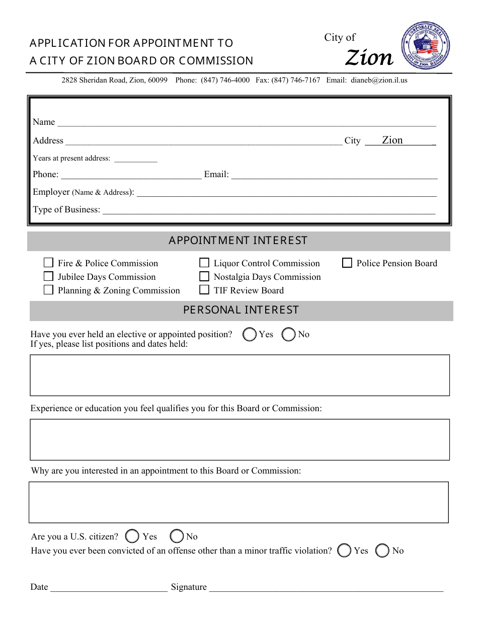 Application for Appointment to a City of Zion Board or Commission - City of Zion, Illinois, Page 1