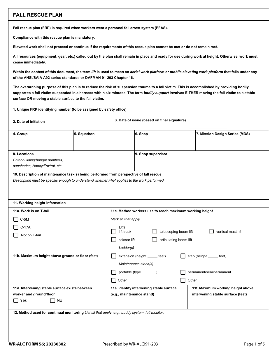 WR-ALC Form 56 Fall Rescue Plan, Page 1